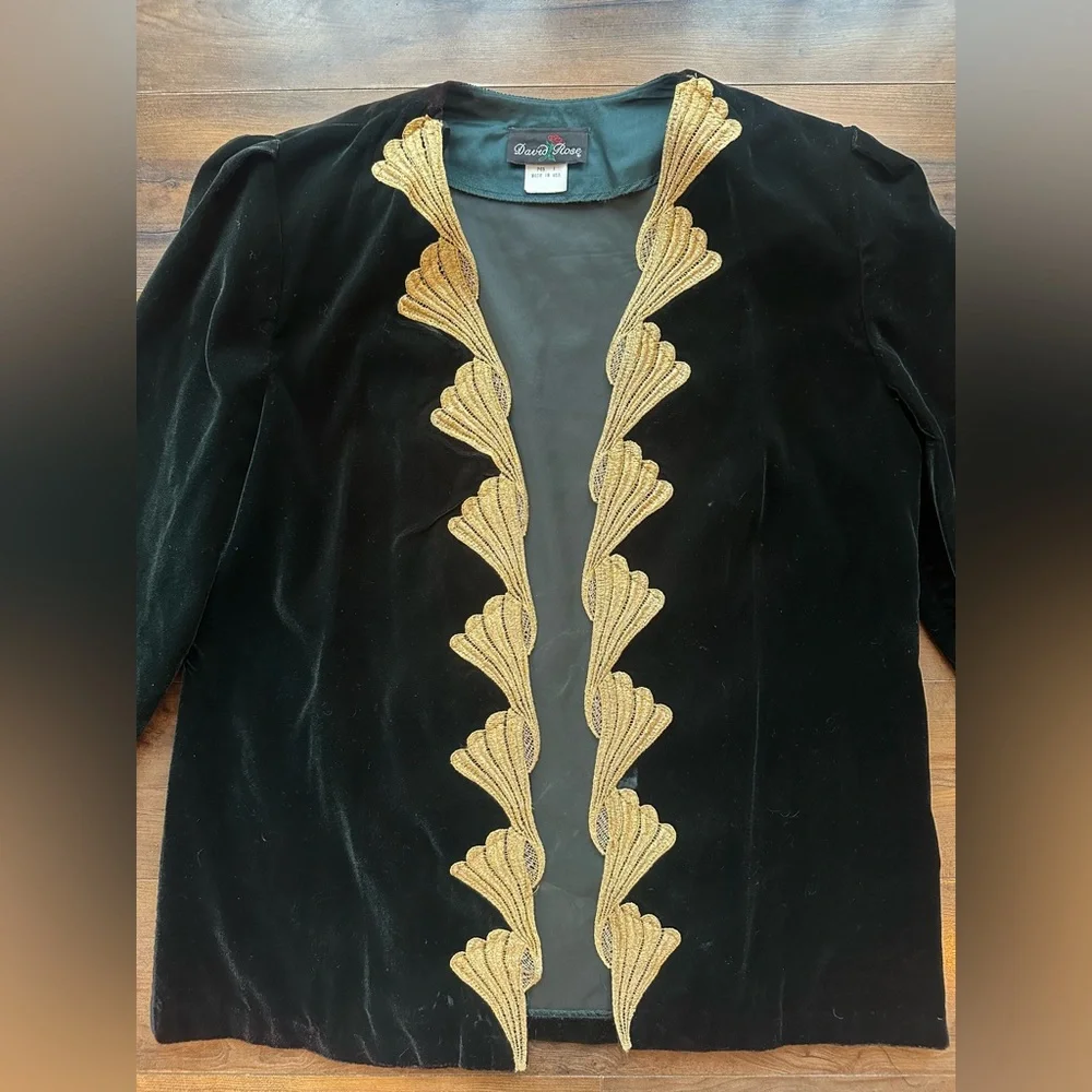 Vintage David Rose Green Velvet Jacket Gold Trim Shoulder Pads USA Large - Picture 2 of 7